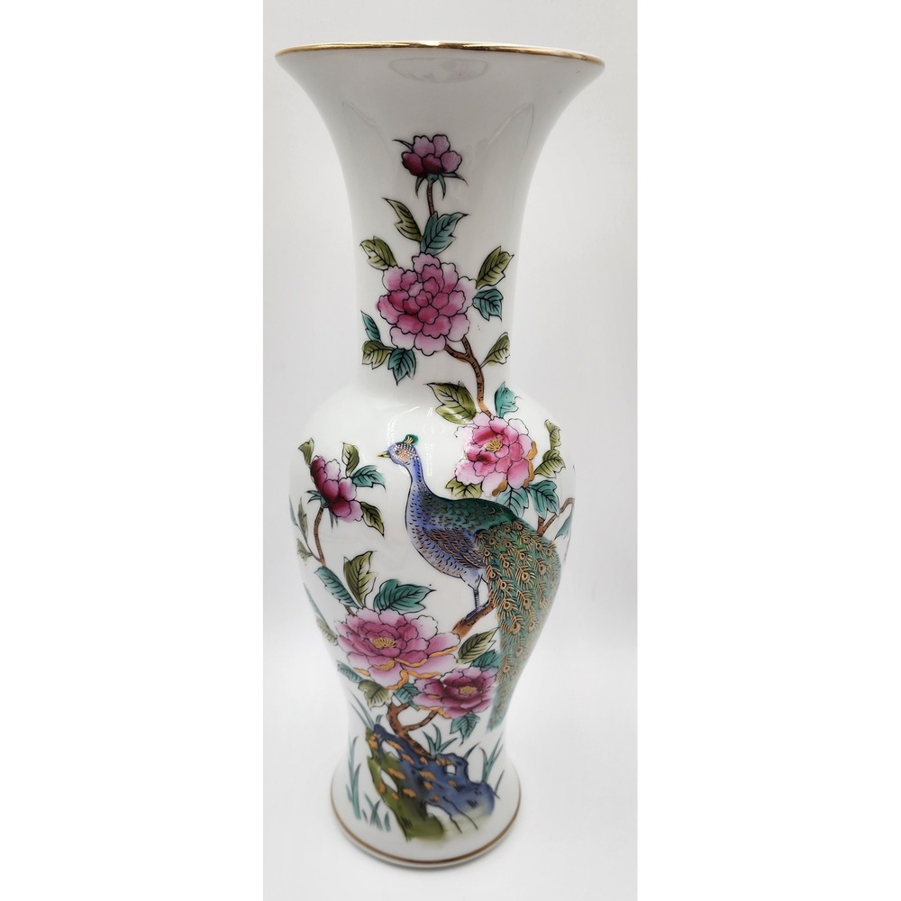 Norleans Peacock Peony Porcelain Vase Japan 15 Inch White Gold Trim Excellent